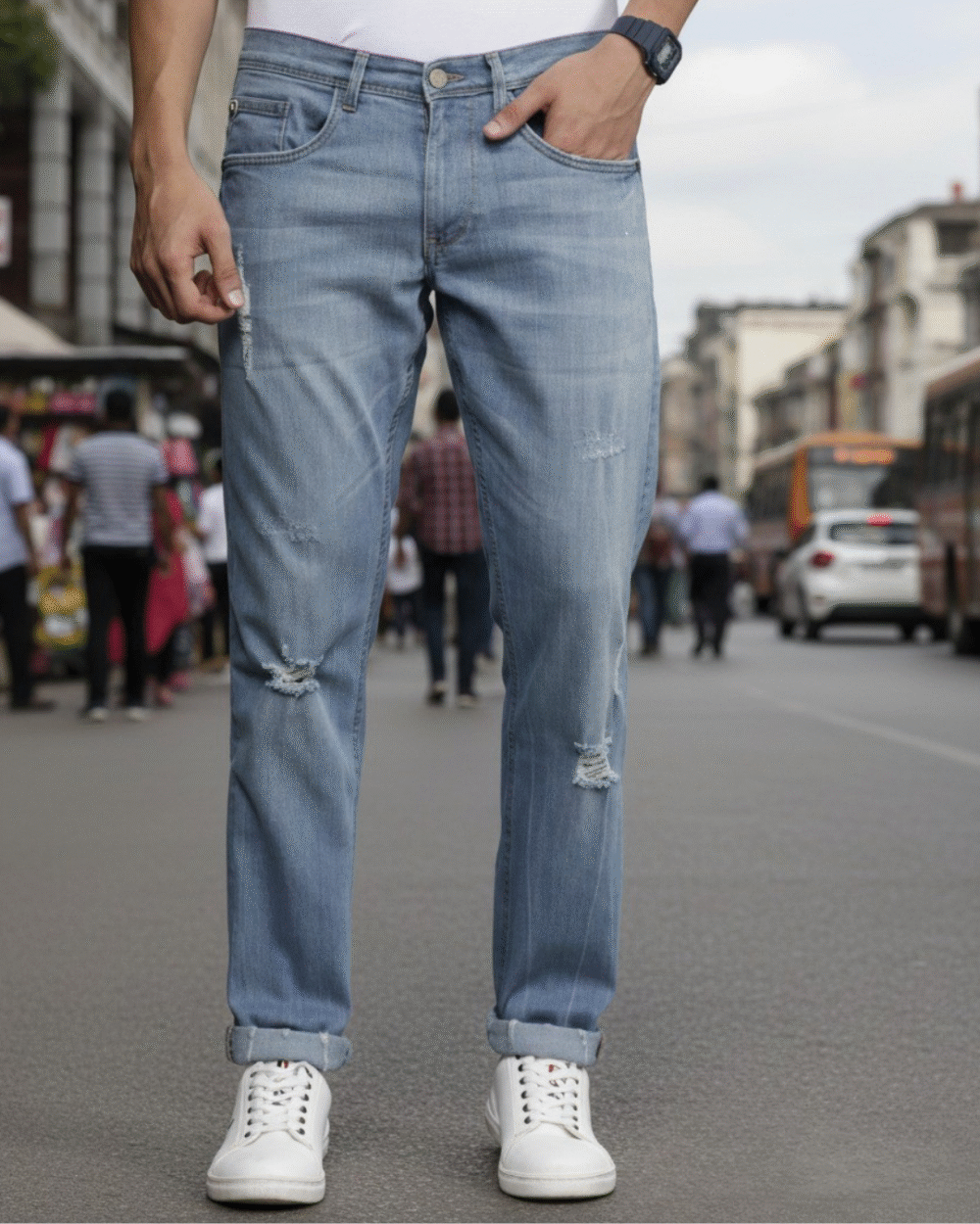 Light Blue Washed Slim Fit Casual Jeans