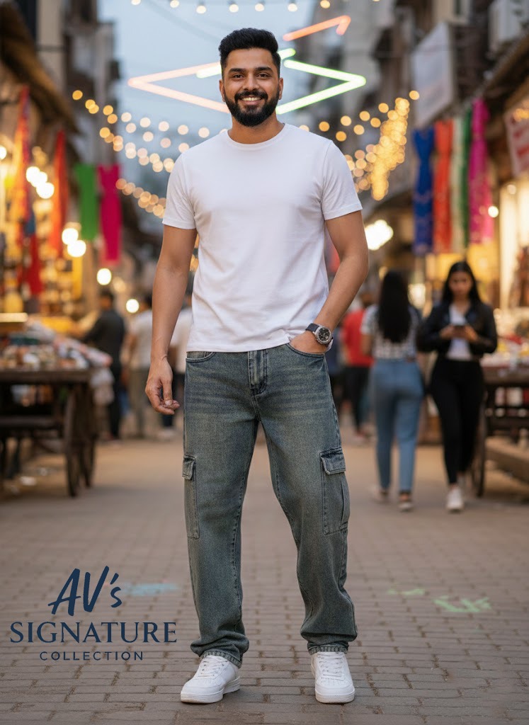 Man standing in a bustling outdoor street market wearing AV’s Signature white t-shirt and vintage stone-washed wide-leg cargo denim pants with white sneakers.