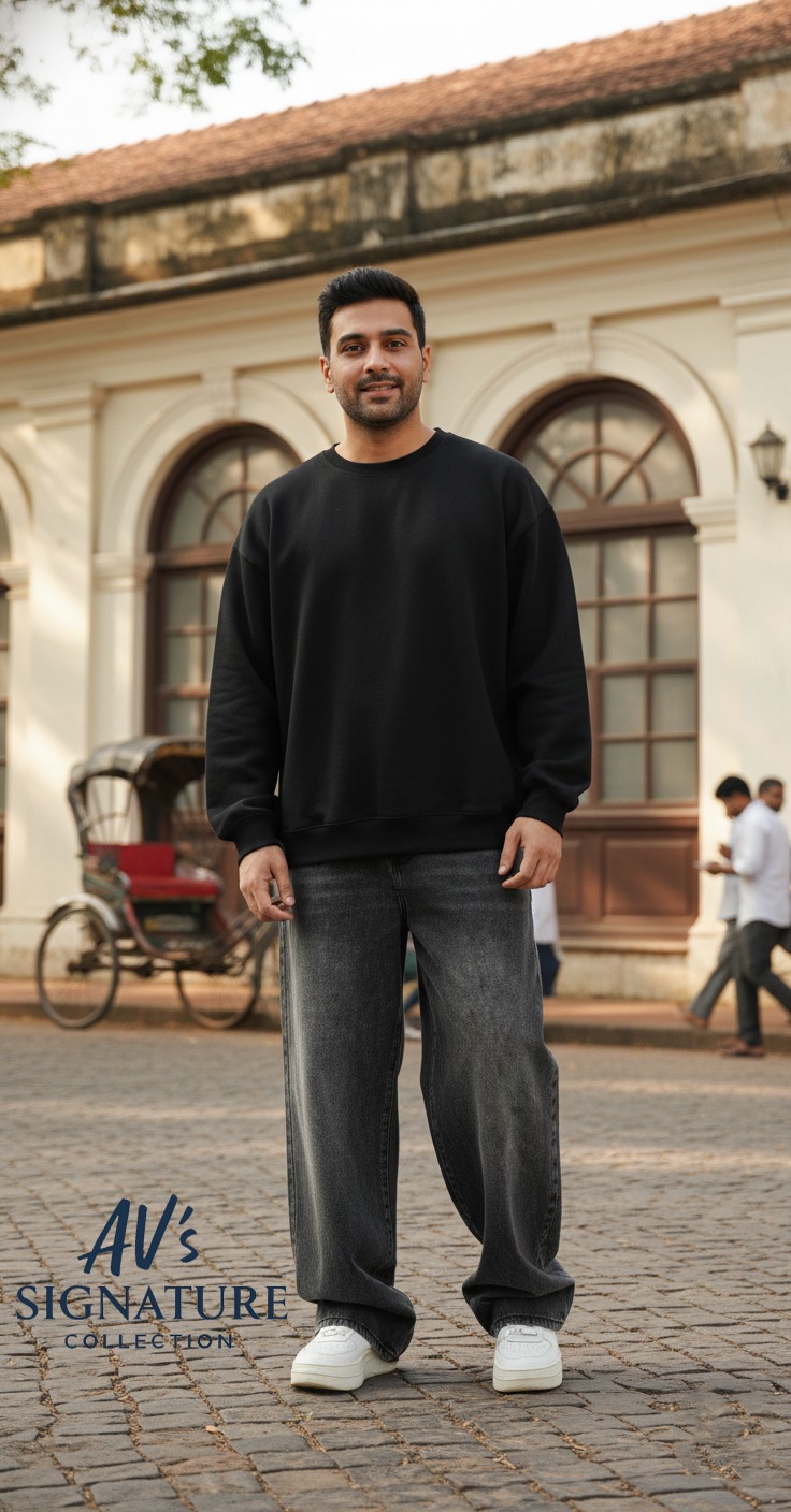 Side view of male model wearing oversized vintage blue baggy jeans with white sneakers and a graphic tee in an urban setting.