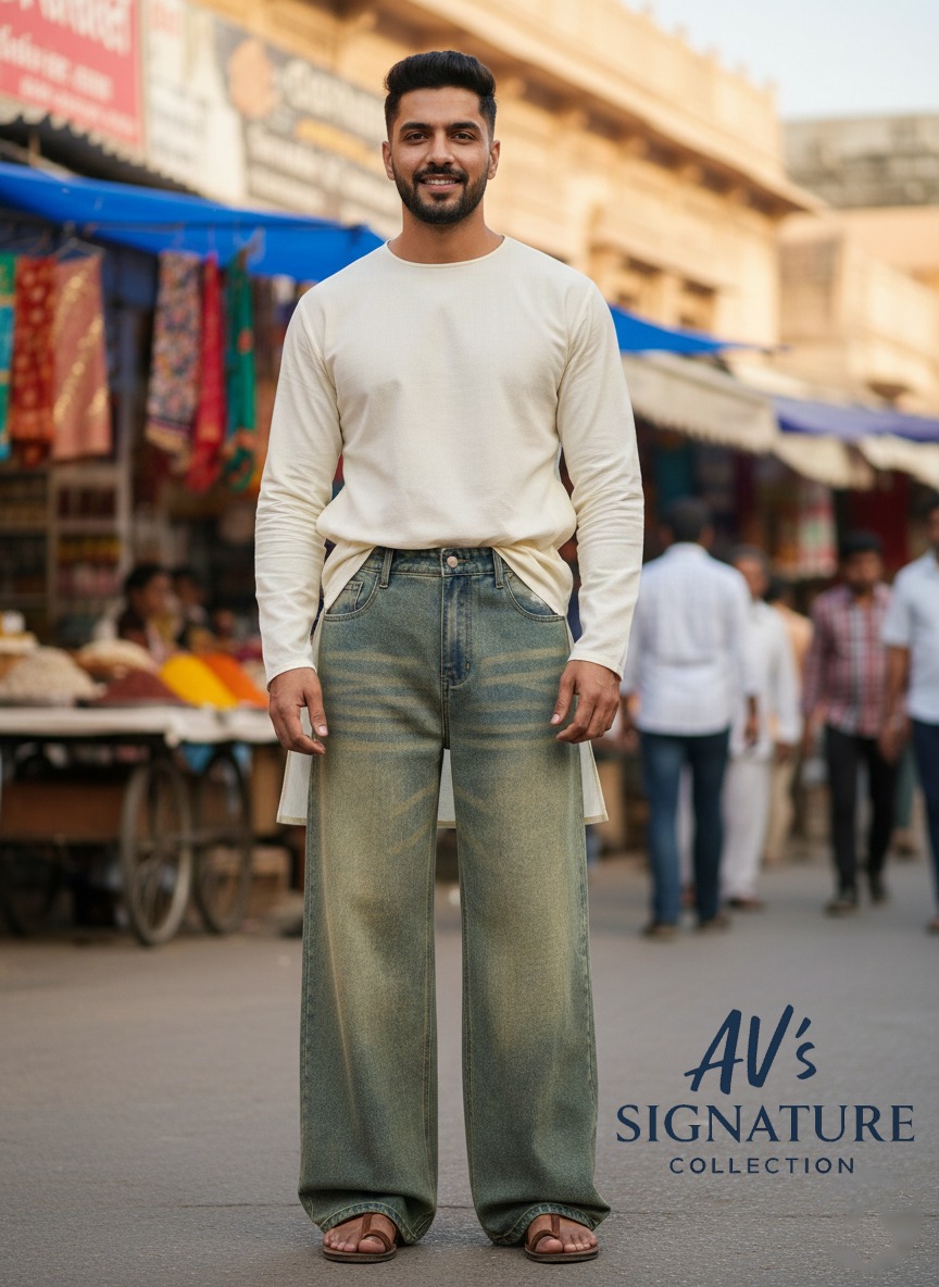 Front view of a male model wearing trendy lemon yellow wide-leg baggy jeans with white chunky sneakers.