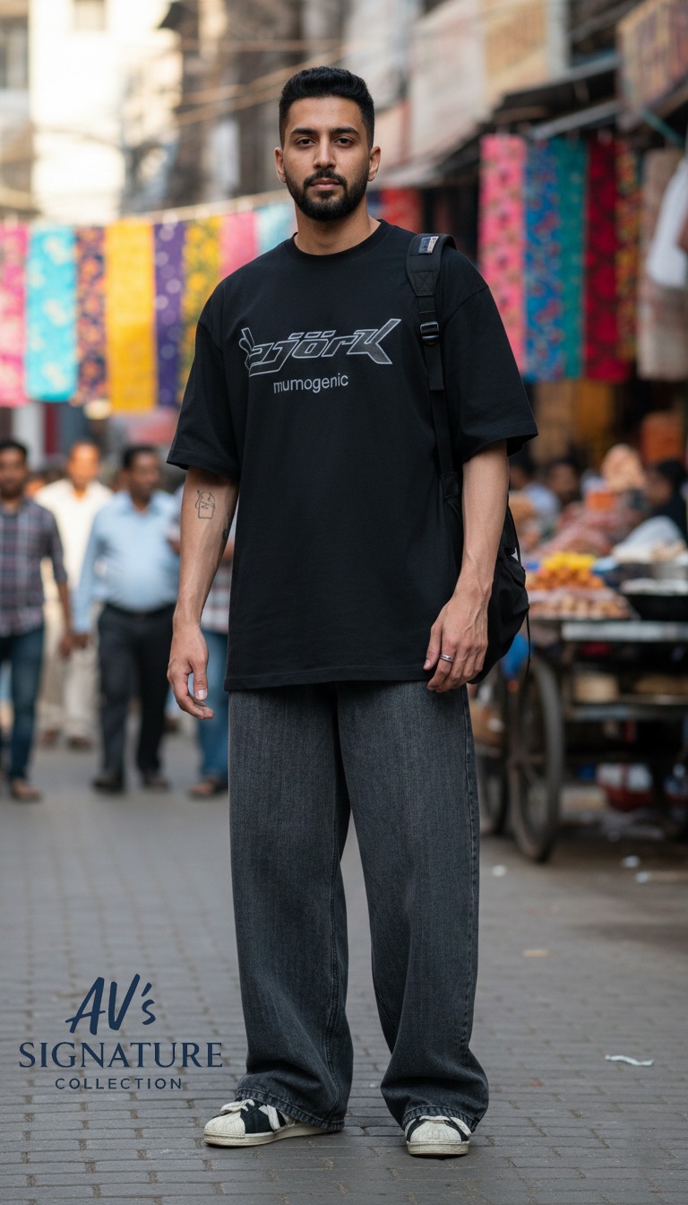 Male model in a premium urban setting wearing AV's Signature Collection charcoal wide-leg baggy jeans with an oversized t-shirt and sneakers.