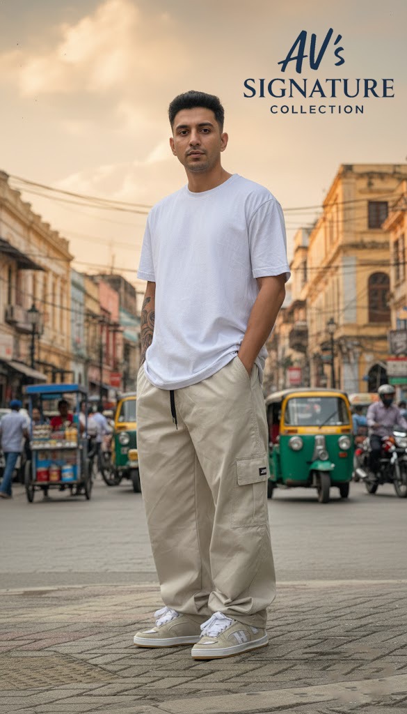 Man in a white t-shirt and Manfinity EMRG loose-fit sand-colored cargo pants with side drawstrings standing on a busy city street with yellow rickshaws in the background.