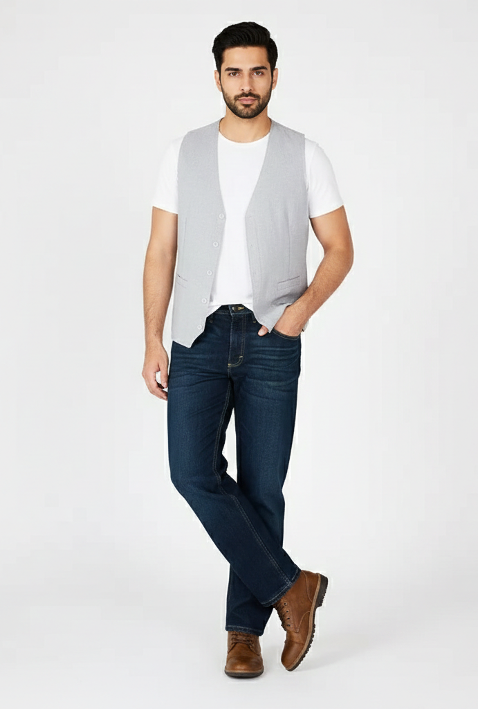 A male model standing against a white background wearing a light-wash denim jacket over a white t-shirt, paired with medium-blue distressed denim jeans featuring multiple rips and white sneakers.