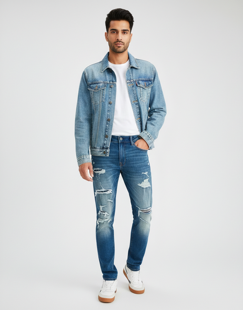 Two smiling young men standing in a modern clothing store, holding black AV Enterprises shopping bags amidst falling gold confetti. The image features the text "HAPPY SHOPPING FROM AV-ENTERISES!" at the top and "YOUR STYLE, OUR COMMITMENT!" at the bottom.