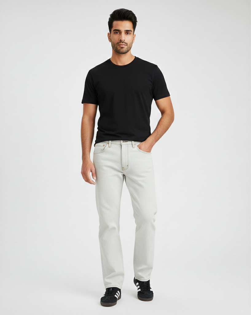 Full-length studio shot of a male model wearing signature straight-fit distressed jeans in a light indigo wash with white undertones, paired with a matching denim jacket, a white t-shirt, and white sneakers against a clean white background.