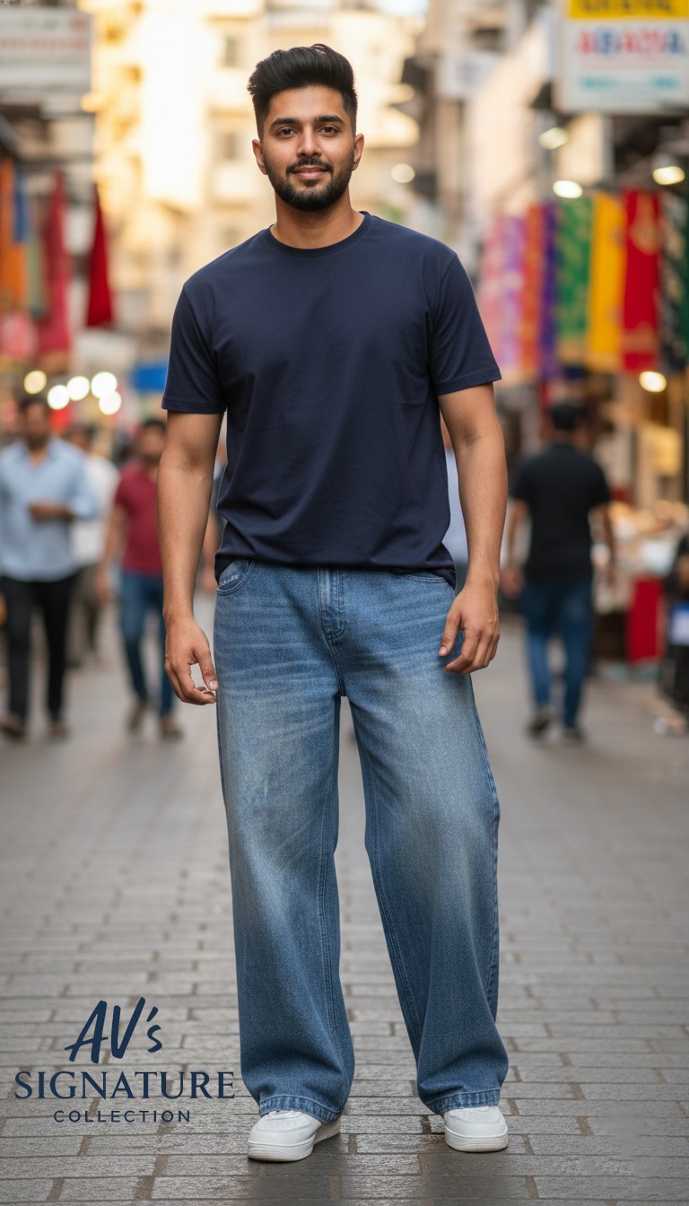 Male model in an urban setting wearing oversized blue fade baggy jeans with a loose fit draped over white sneakers.