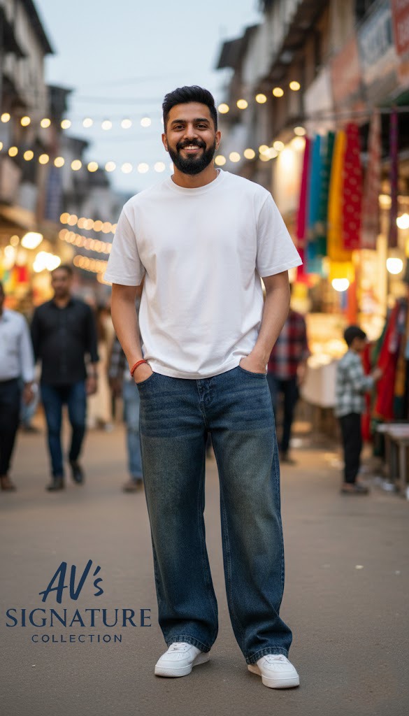 Male model in a crowded street wearing AV's Signature Collection yellow-tinted blue baggy jeans with a white t-shirt and white sneakers, showing a vintage wide-leg fit.