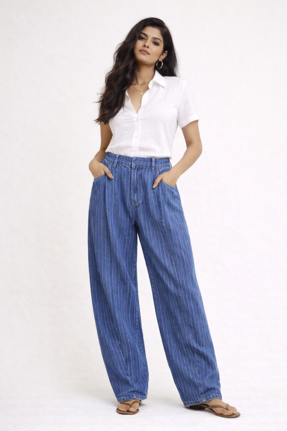 Avent-Street Indigo Pinstripe Barrel Jeans (Women)