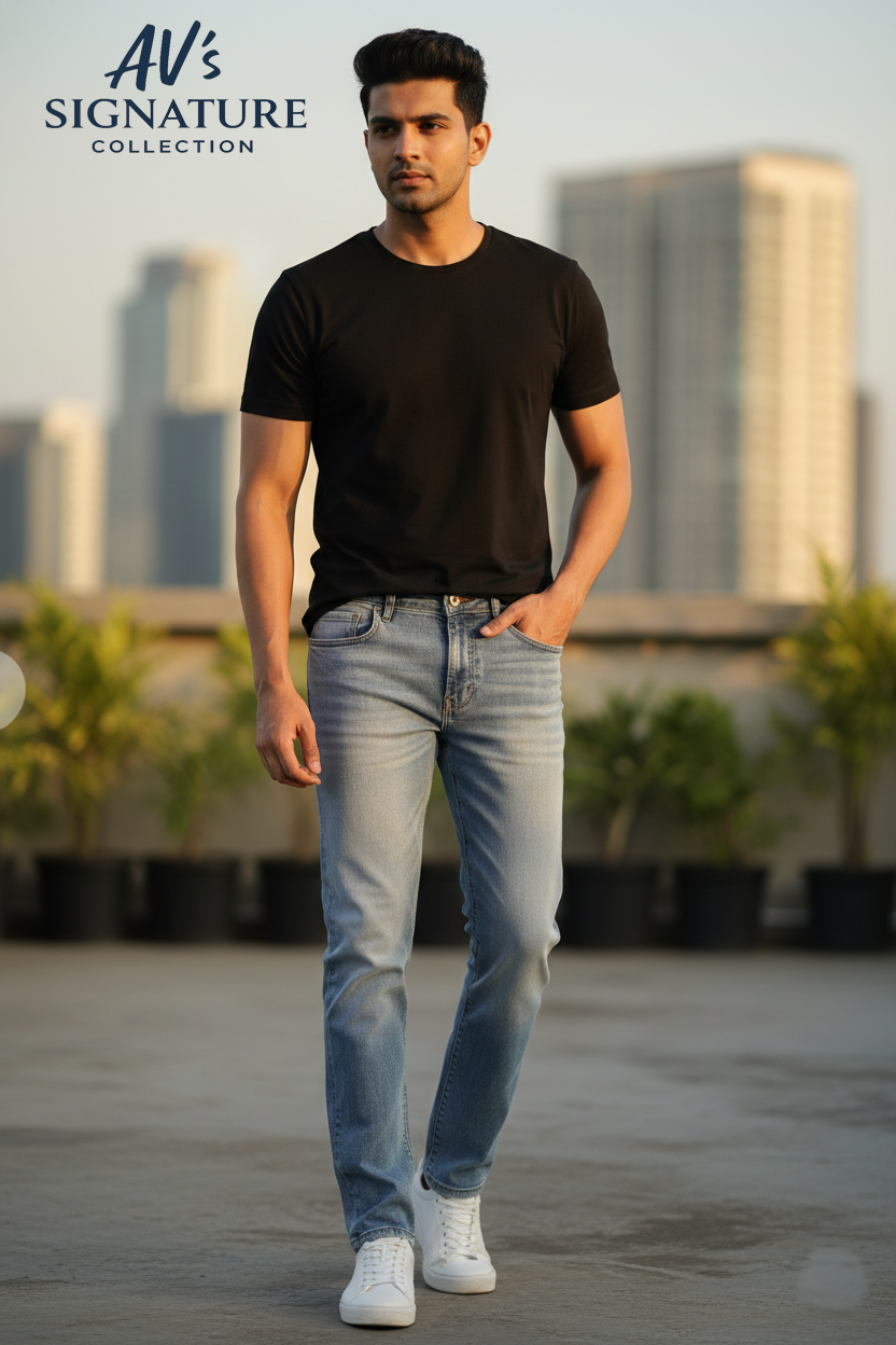 Light blue slim fit denim jeans for men with white sneakers – AV’s Signature Collection